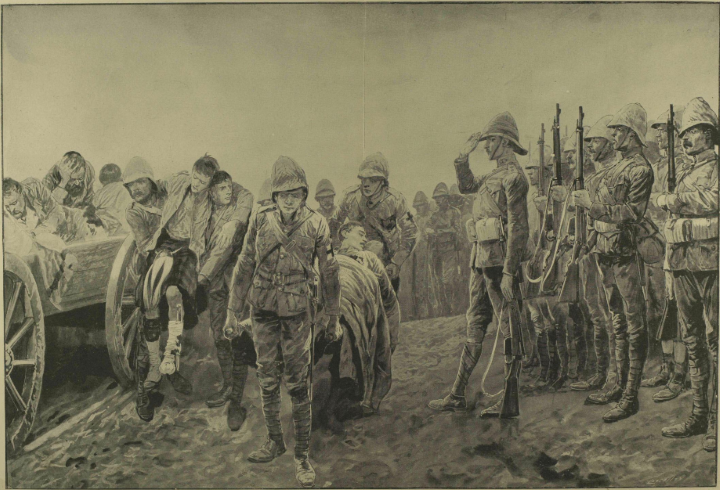 戦場の最初の死傷者に敬礼するイギリス軍の伝統に従い、モダ川の戦いで最初の負傷者に敬礼するイギリス軍将校